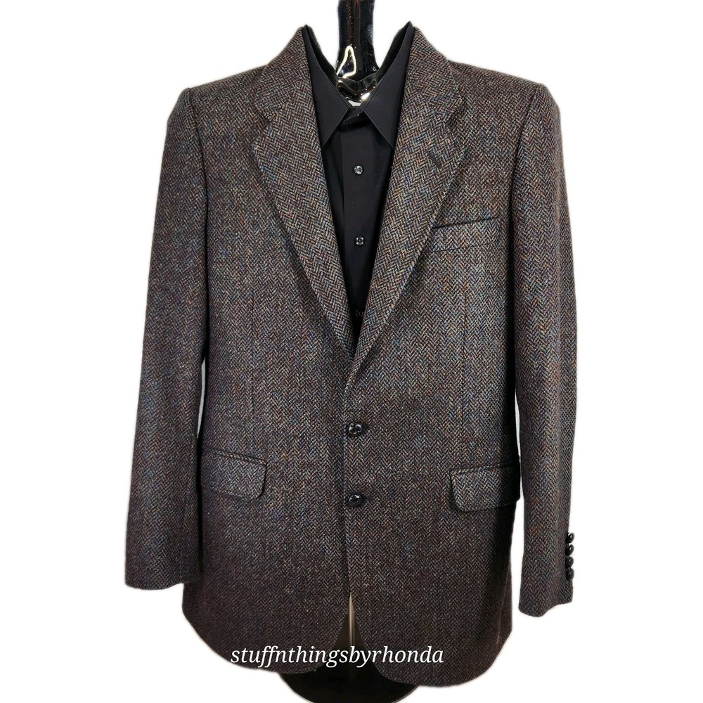 Stafford Men's 39L BRITISH Coll. Sport Coat Tweed Leather Buttons Brown Blazer